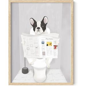 imageHAUS AND HUES Funny Dog Wall Art  French Bulldog in Bathroom Animal Posters Black Frame 12x16Beige Framed