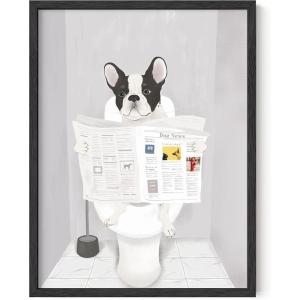 imageHAUS AND HUES Funny Dog Wall Art  French Bulldog in Bathroom Animal Posters Black Frame 12x16Black Framed