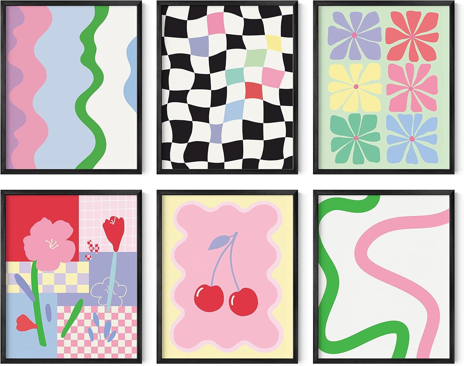 imageHAUS AND HUES Preppy Pictures for Wall  Set of 6 Colorful Wall Art Preppy Collage Prints Pink Bedroom Decor Bright Pink Aesthetic Cute Girls Posters College Wall Art Black Frame 11x14Danish Pastel