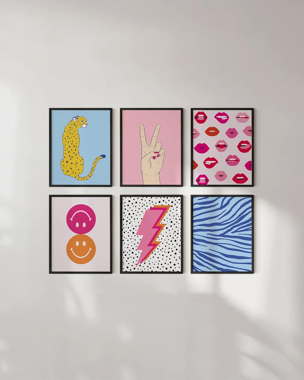 imageHAUS AND HUES Preppy Pictures for Wall  Set of 6 Colorful Wall Art Preppy Collage Prints Pink Bedroom Decor Bright Pink Aesthetic Cute Girls Posters College Wall Art Black Frame 11x14Preppy Gallery