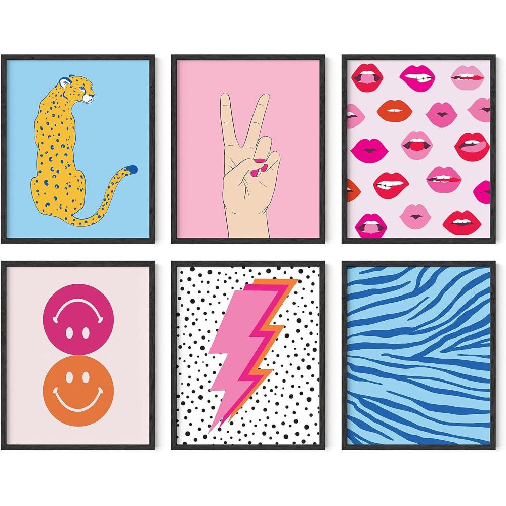 imageHAUS AND HUES Preppy Pictures for Wall  Set of 6 Colorful Wall Art Preppy Collage Prints Pink Bedroom Decor Bright Pink Aesthetic Cute Girls Posters College Wall Art Black Frame 11x14Preppy Gallery