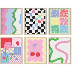 imageHAUS AND HUES Danish Pastel Room Decor Aesthetic  Set of 6 Colorful Wall Art Trendy Decor for Teens Framed Art Floral Pink Abstract Black 8x10Danish Pastel