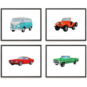 imageHAUS AND HUES Nursery Cars Art Print Set of 411quotx14quot  Framed Black