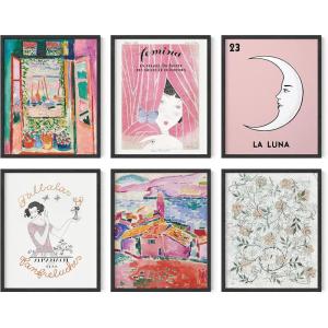 imageHAUS AND HUES Abstract Wall Art with Frame  Set of 6 Famous Artist Paintings Abstract Colorful Wall Art Geometric Wall Decor Hilma af Klint Gallery Wall Set Painting Set Beige Frame 8x10Pink Classics