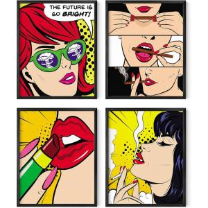 imageRipGrip Pop Art Prints Set of 4  Banksy Wall Art Painting Weed Decor for College Dorm Makeup Room Decor Beige Frame 8x10Black Framed