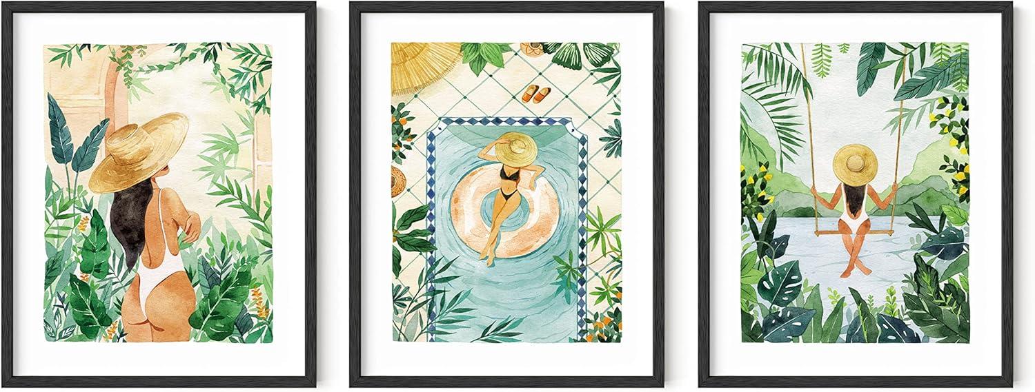 imageHAUS AND HUES Fashion Wall Art Set  3Piece Glam Purple Decor Designer Aesthetic Prints for Bedroom Black Frame 12x16Tropical Bohemian Watercolor