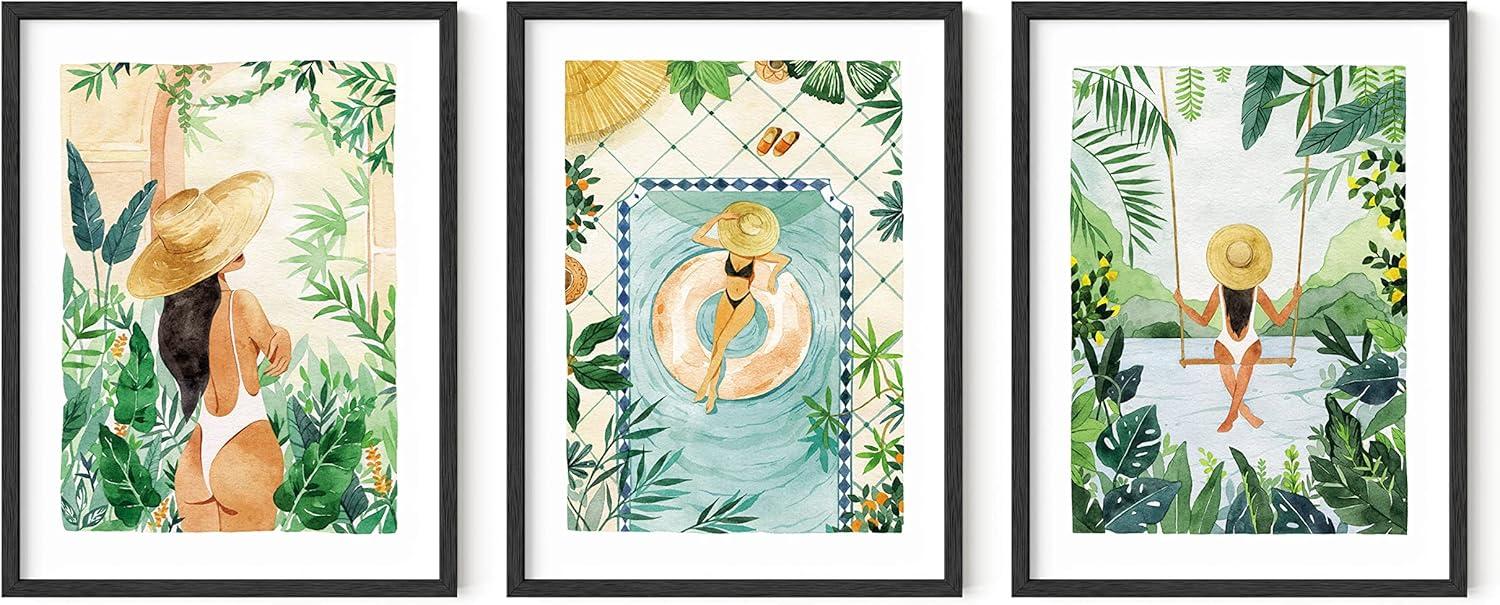 imageHAUS AND HUES Fashion Wall Art Set  3Piece Glam Purple Decor Designer Aesthetic Prints for Bedroom Black Frame 12x16Tropical Bohemian Watercolor