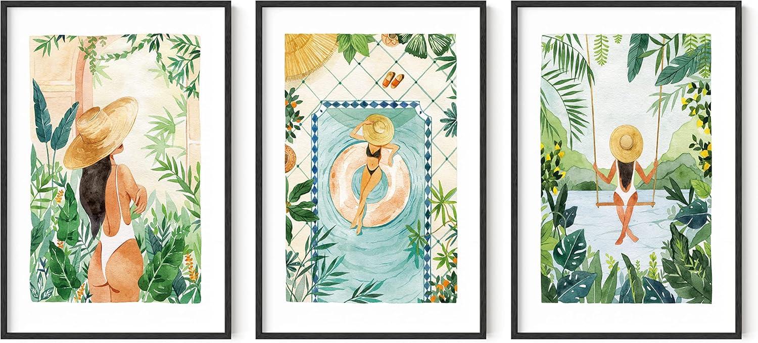 imageHAUS AND HUES Fashion Wall Art Set  3Piece Glam Purple Decor Designer Aesthetic Prints for Bedroom Black Frame 12x16Tropical Bohemian Watercolor
