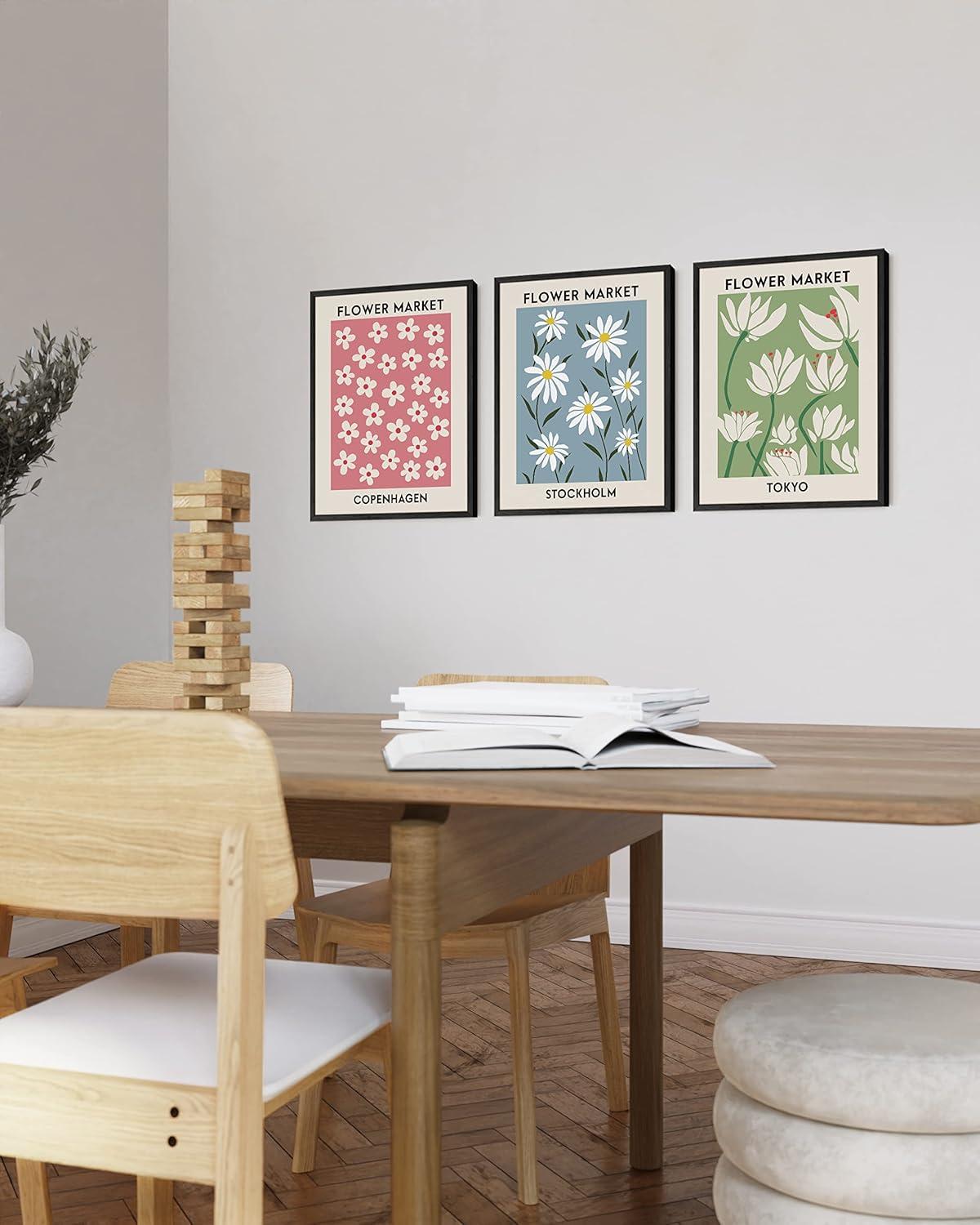 imageHAUS AND HUES Preppy Wall Art  Set of 3 Colorful Prints Trendy Travel Decor Bright Aesthetic Wall Art Beach Posters Black Frame 12x16Flower Markets