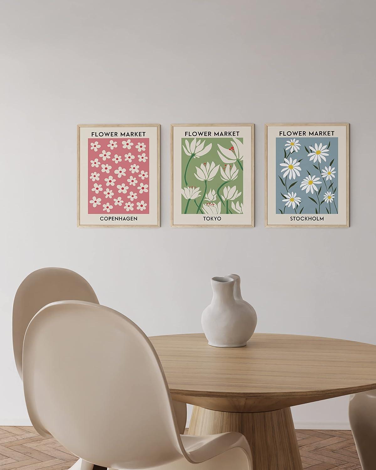imageHAUS AND HUES Preppy Wall Art  Set of 3 Colorful Prints Trendy Travel Decor Bright Aesthetic Wall Art Beach Posters Black Frame 12x16Flower Markets