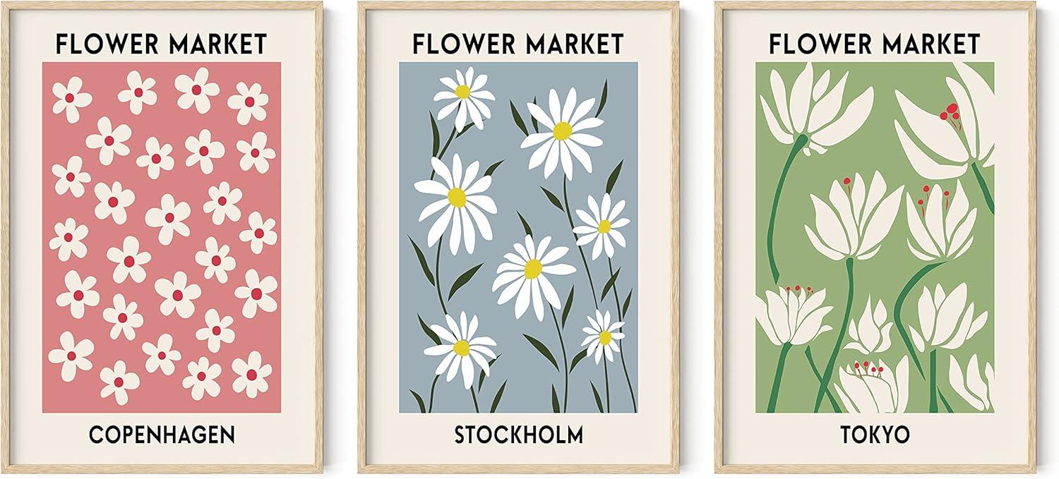imageHAUS AND HUES Preppy Wall Art  Set of 3 Colorful Prints Trendy Travel Decor Bright Aesthetic Wall Art Beach Posters Black Frame 12x16Flower Markets