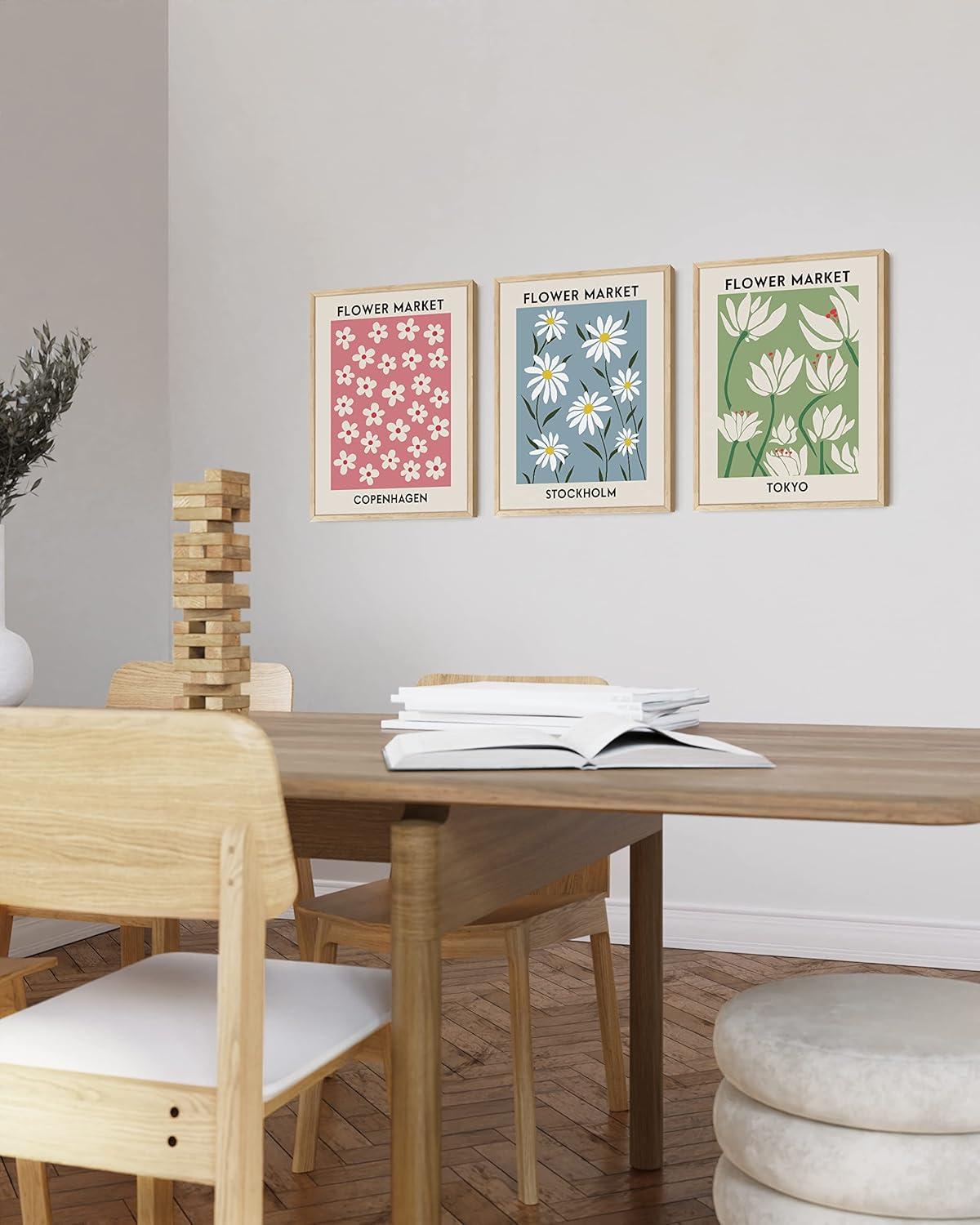 imageHAUS AND HUES Preppy Wall Art  Set of 3 Colorful Prints Trendy Travel Decor Bright Aesthetic Wall Art Beach Posters Black Frame 12x16Flower Markets