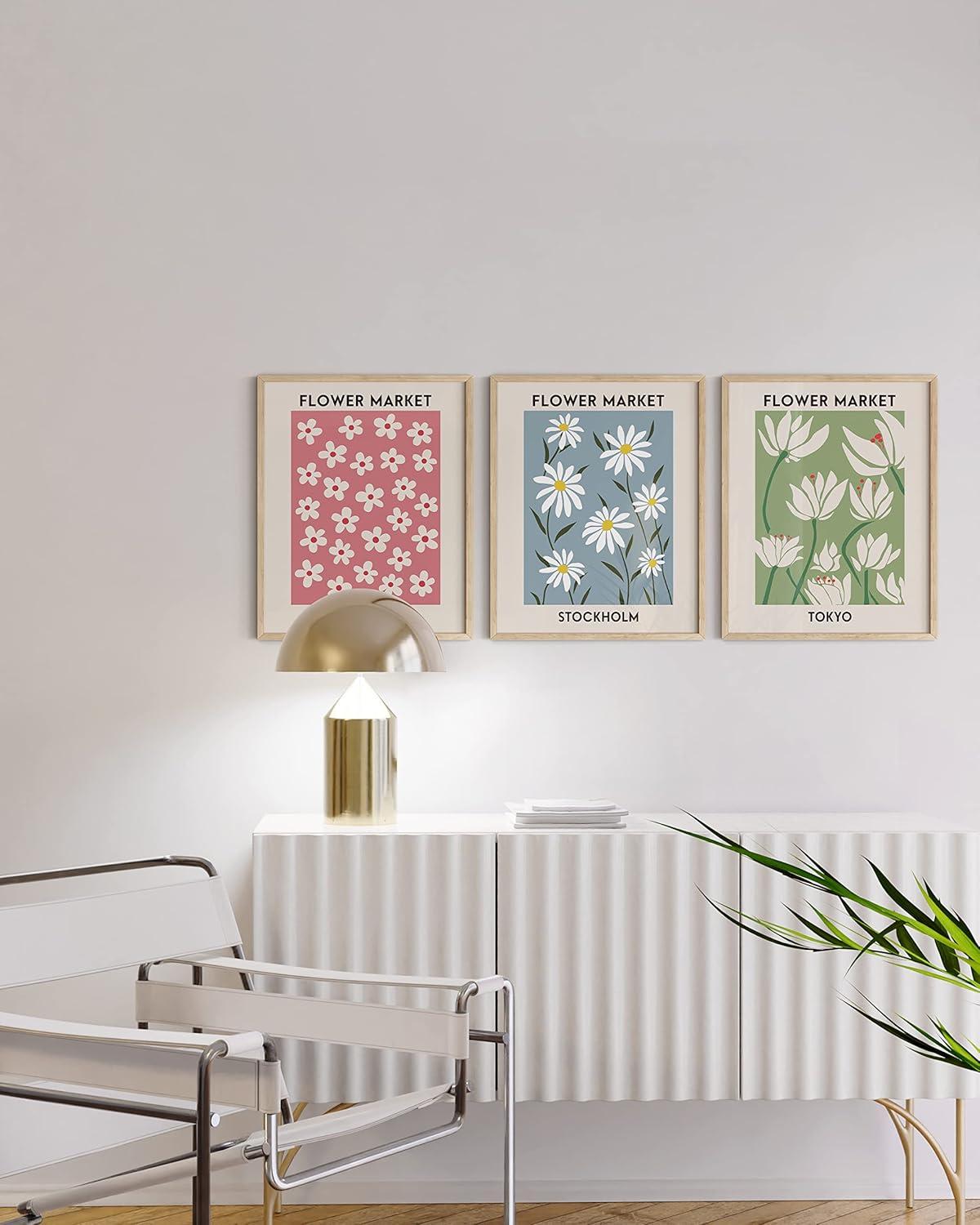 imageHAUS AND HUES Preppy Wall Art  Set of 3 Colorful Prints Trendy Travel Decor Bright Aesthetic Wall Art Beach Posters Black Frame 12x16Flower Markets