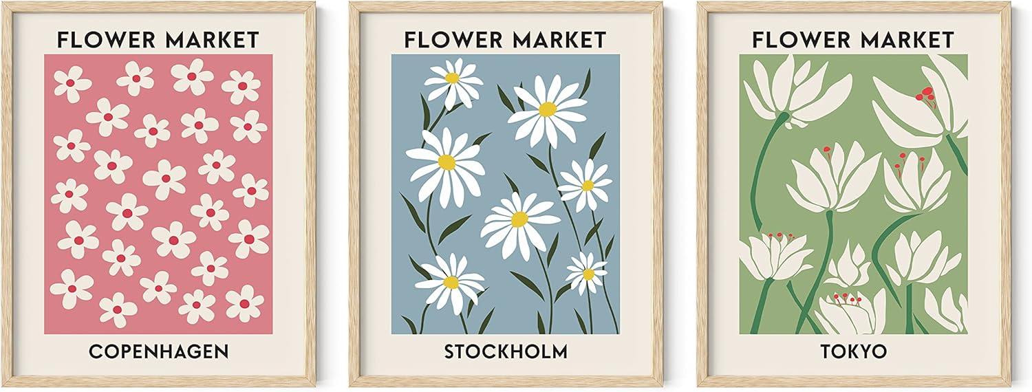 imageHAUS AND HUES Preppy Wall Art  Set of 3 Colorful Prints Trendy Travel Decor Bright Aesthetic Wall Art Beach Posters Black Frame 12x16Flower Markets