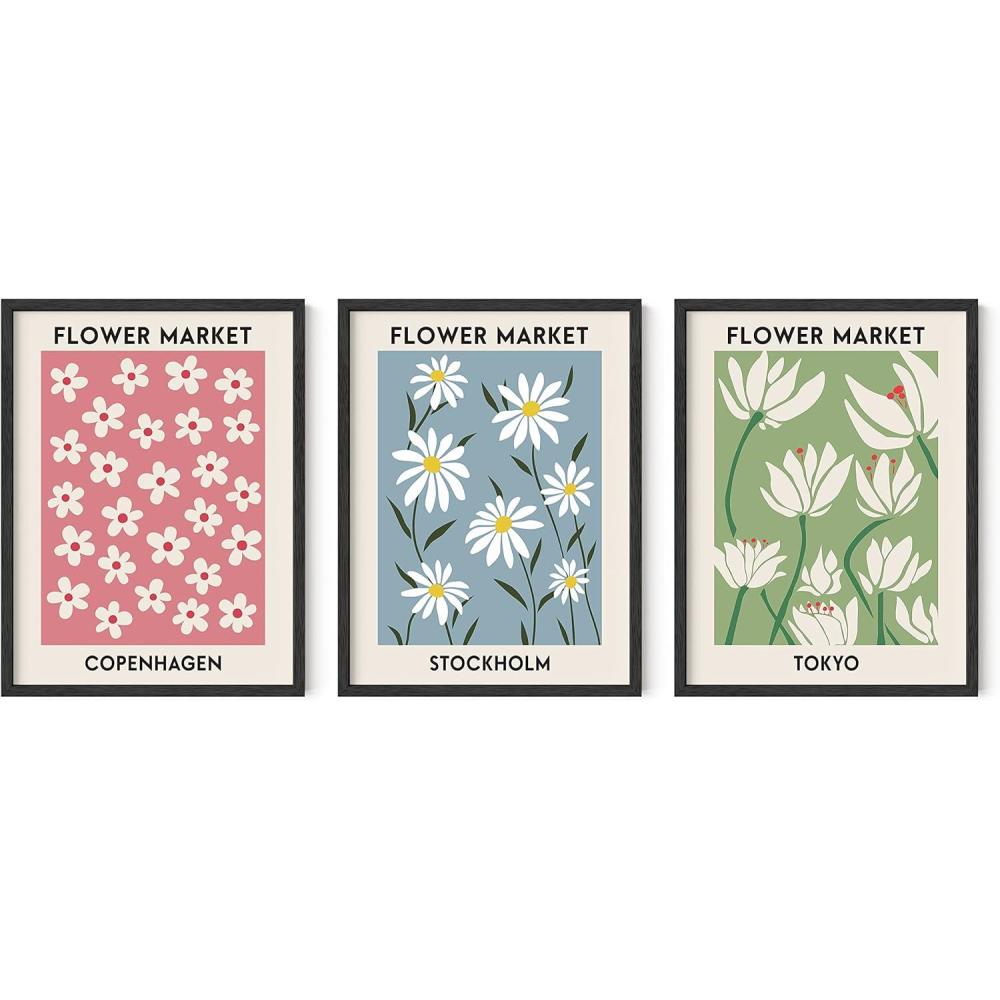 imageHAUS AND HUES Preppy Wall Art  Set of 3 Colorful Prints Trendy Travel Decor Bright Aesthetic Wall Art Beach Posters Black Frame 12x16Flower Markets