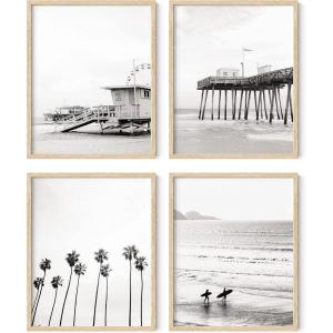 imageHAUS AND HUES Beach Posters  Set of 6 Beach Art Prints Coastal Wall Art Beige Frame 16x20Black and White