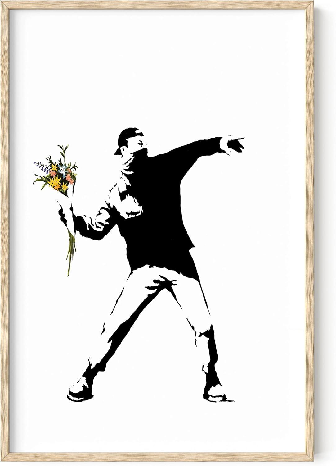 imageHAUS AND HUES Colorful Rain Graffiti Banksy Print  Street Art Wall Poster Ideal for Home and College Dorm Decor Beige Frame 24x36Banksy Flower Thrower