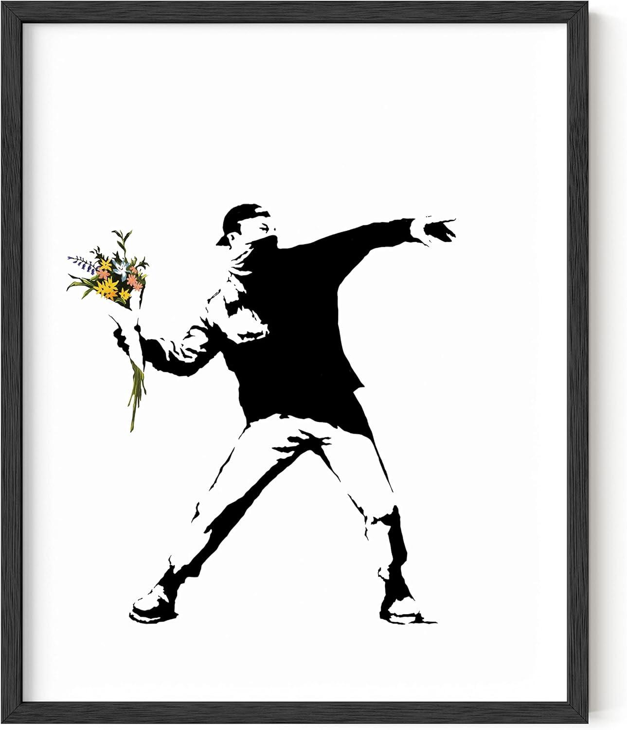 imageHAUS AND HUES Colorful Rain Graffiti Banksy Print  Street Art Wall Poster Ideal for Home and College Dorm Decor Beige Frame 24x36Banksy Flower Thrower