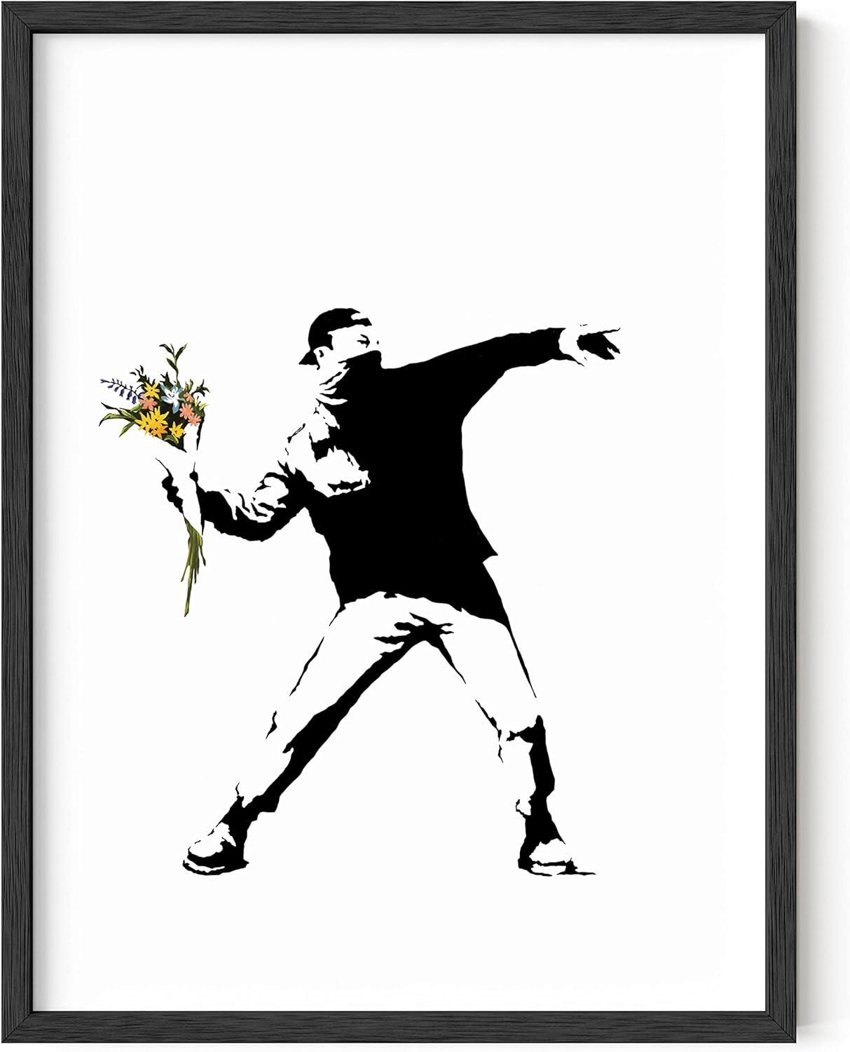 imageHAUS AND HUES Colorful Rain Graffiti Banksy Print  Street Art Wall Poster Ideal for Home and College Dorm Decor Beige Frame 24x36Banksy Flower Thrower