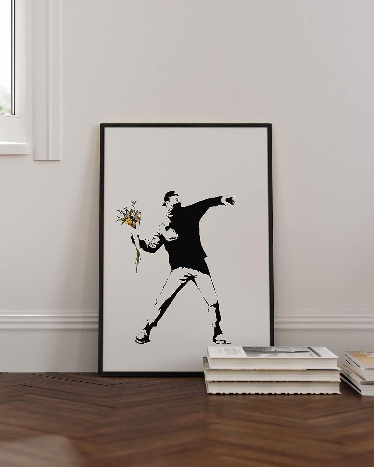 imageHAUS AND HUES Colorful Rain Graffiti Banksy Print  Street Art Wall Poster Ideal for Home and College Dorm Decor Beige Frame 24x36Banksy Flower Thrower