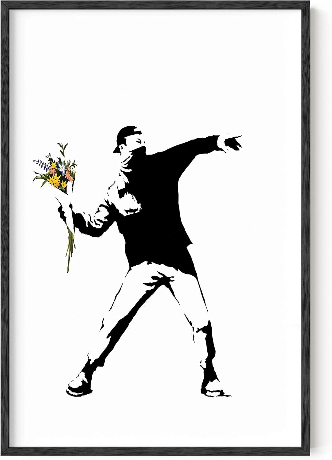 imageHAUS AND HUES Colorful Rain Graffiti Banksy Print  Street Art Wall Poster Ideal for Home and College Dorm Decor Beige Frame 24x36Banksy Flower Thrower