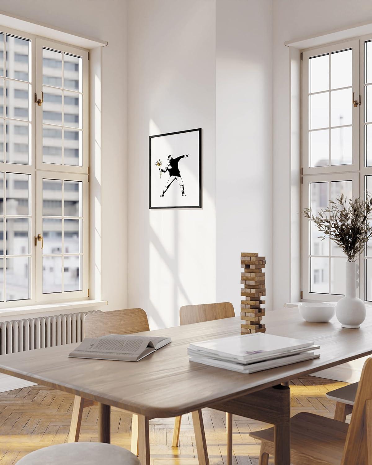 imageHAUS AND HUES Colorful Rain Graffiti Banksy Print  Street Art Wall Poster Ideal for Home and College Dorm Decor Beige Frame 24x36Banksy Flower Thrower