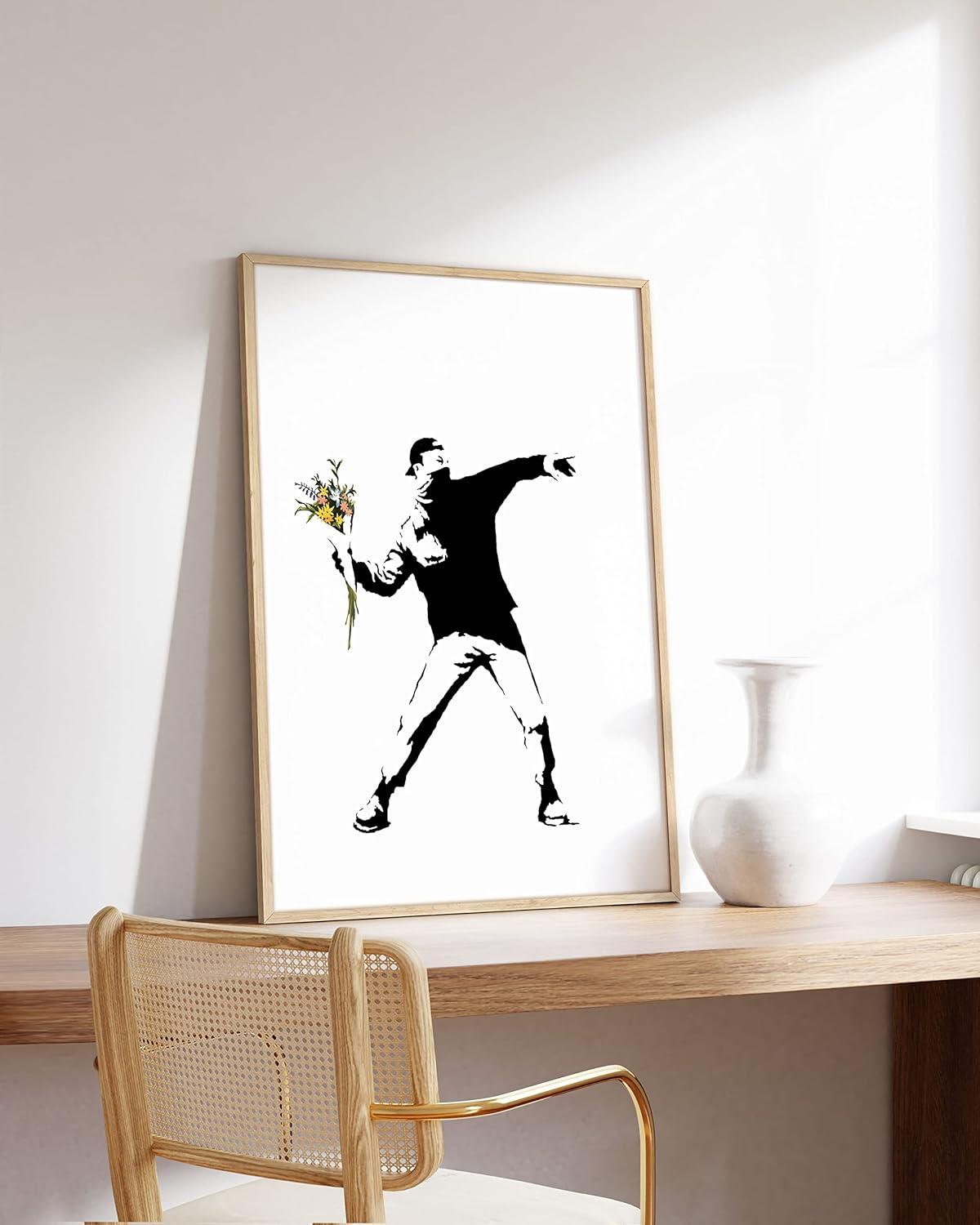 imageHAUS AND HUES Colorful Rain Graffiti Banksy Print  Street Art Wall Poster Ideal for Home and College Dorm Decor Beige Frame 24x36Banksy Flower Thrower