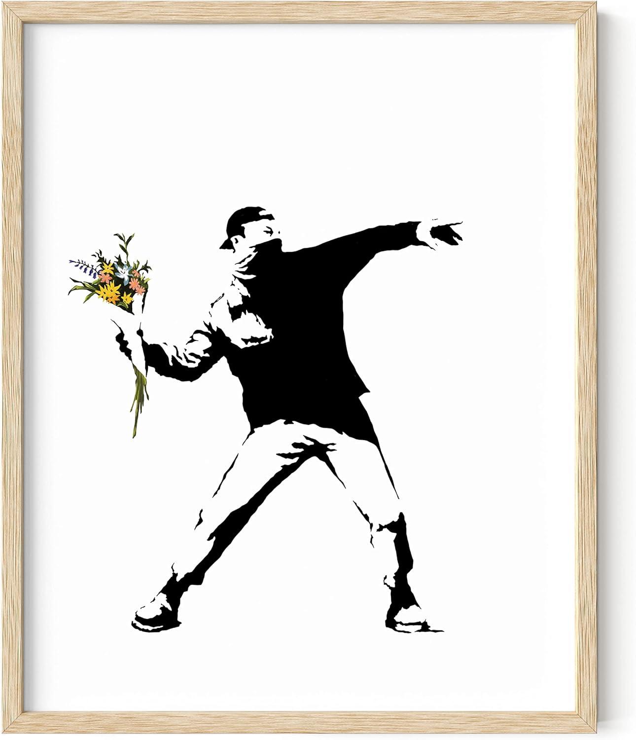 imageHAUS AND HUES Colorful Rain Graffiti Banksy Print  Street Art Wall Poster Ideal for Home and College Dorm Decor Beige Frame 24x36Banksy Flower Thrower