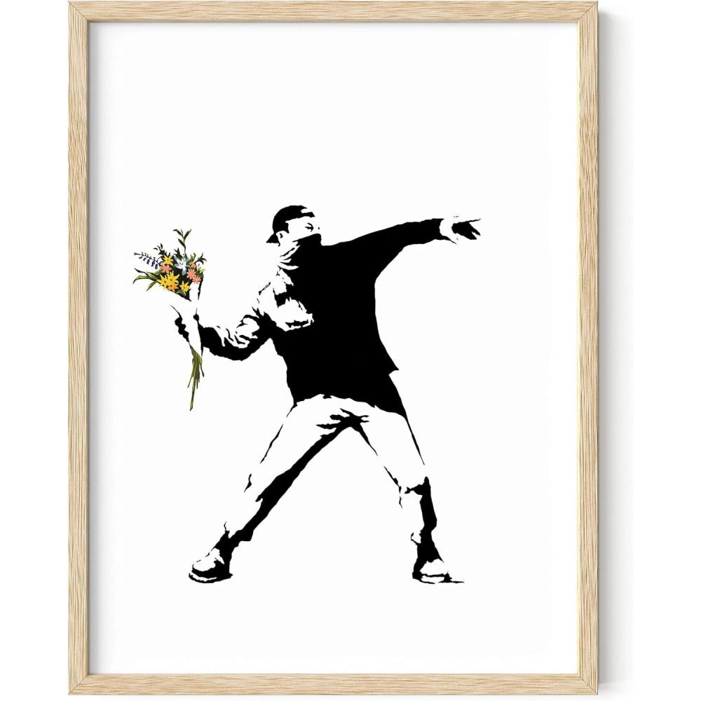 imageHAUS AND HUES Colorful Rain Graffiti Banksy Print  Street Art Wall Poster Ideal for Home and College Dorm Decor Beige Frame 24x36Banksy Flower Thrower