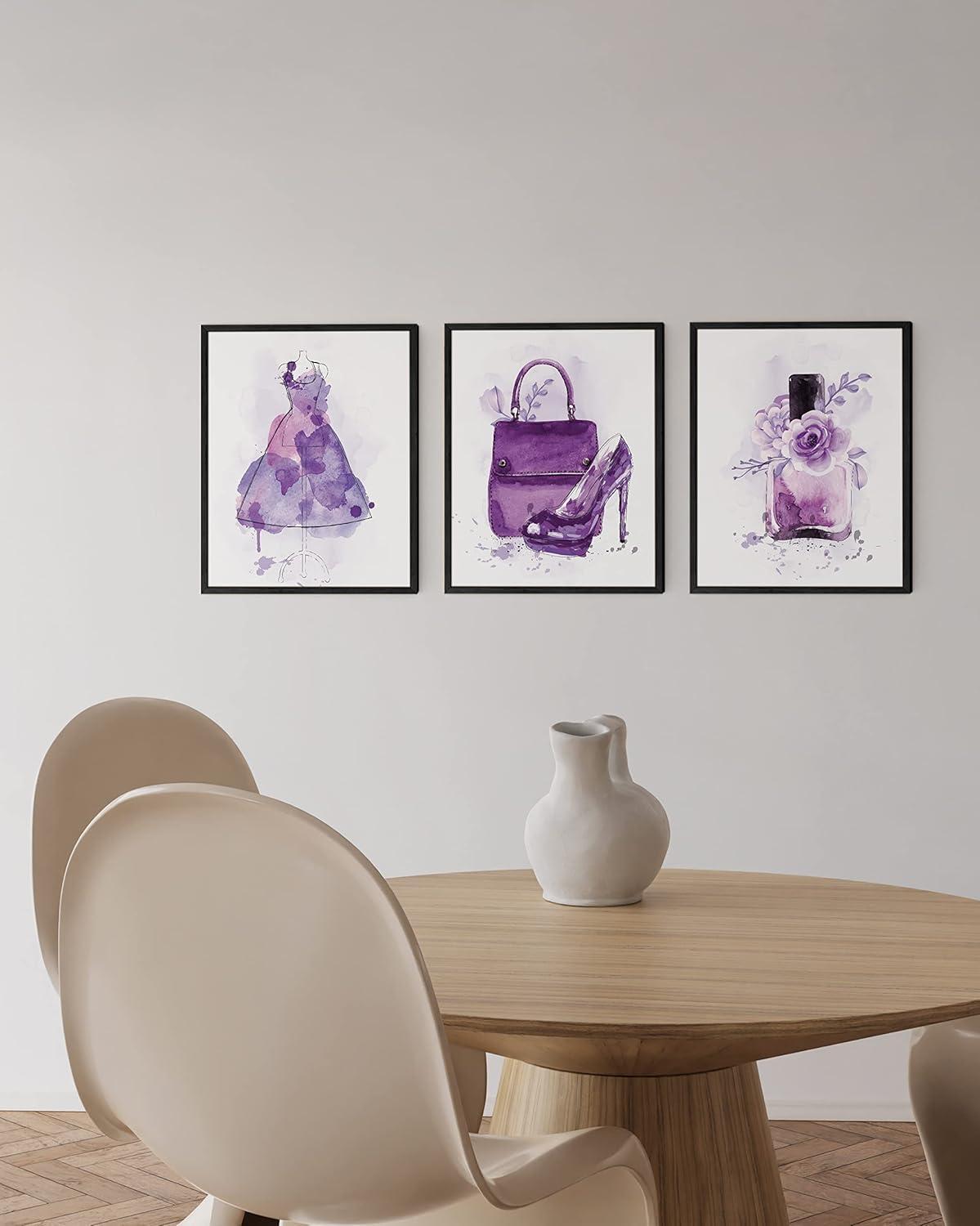 imageHAUS AND HUES Boho Wall Art  Set of 3 Tropical Prints Chic Boho Decor FemaleInspired Artwork Unframed 8x10Purple Glam Watercolor