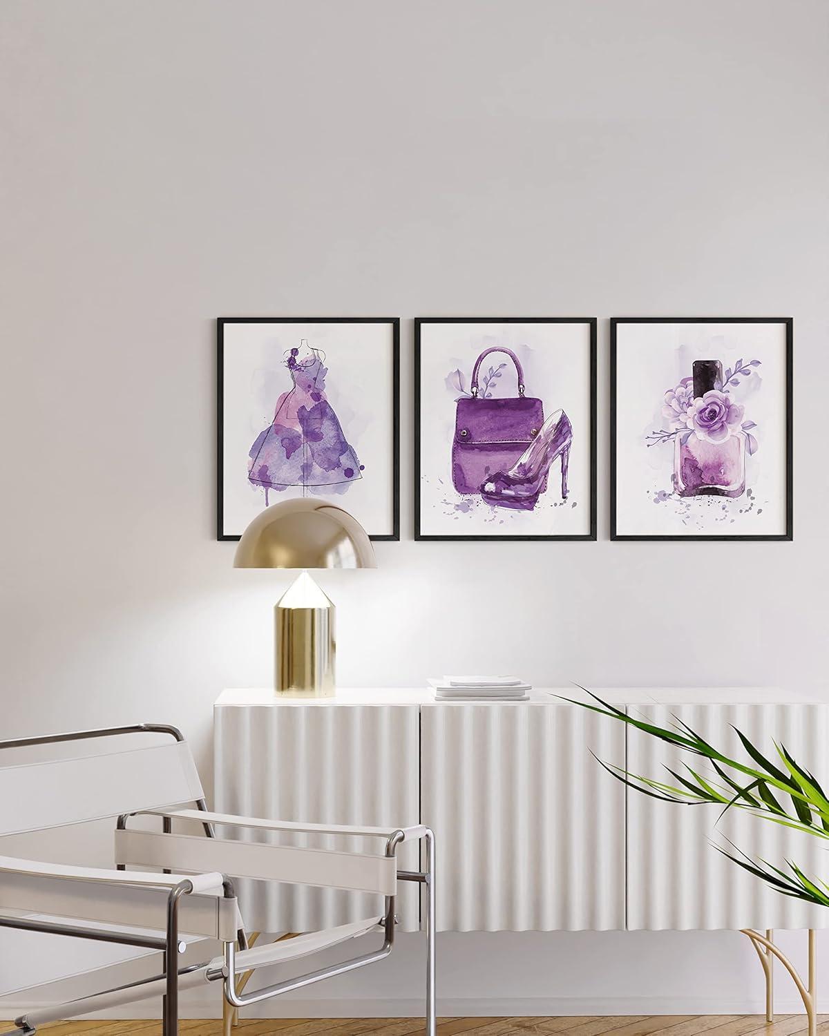 imageHAUS AND HUES Boho Wall Art  Set of 3 Tropical Prints Chic Boho Decor FemaleInspired Artwork Unframed 8x10Purple Glam Watercolor