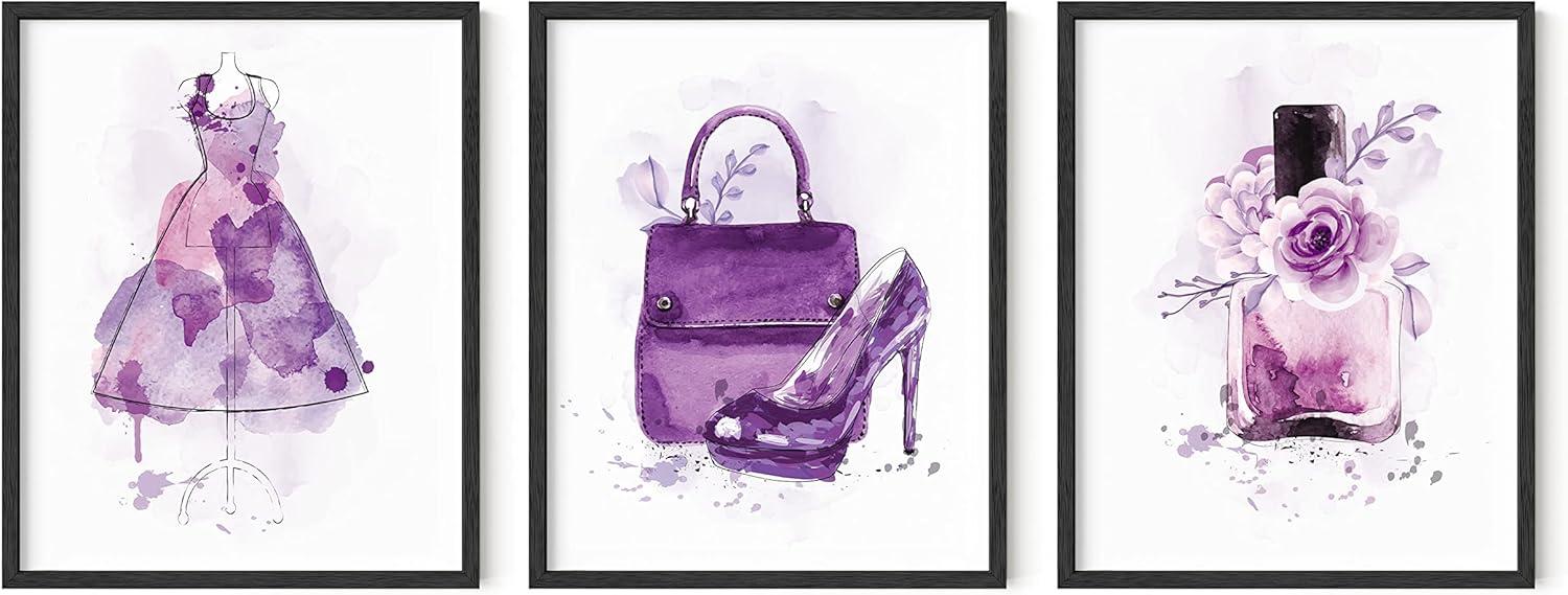 imageHAUS AND HUES Boho Wall Art  Set of 3 Tropical Prints Chic Boho Decor FemaleInspired Artwork Unframed 8x10Purple Glam Watercolor