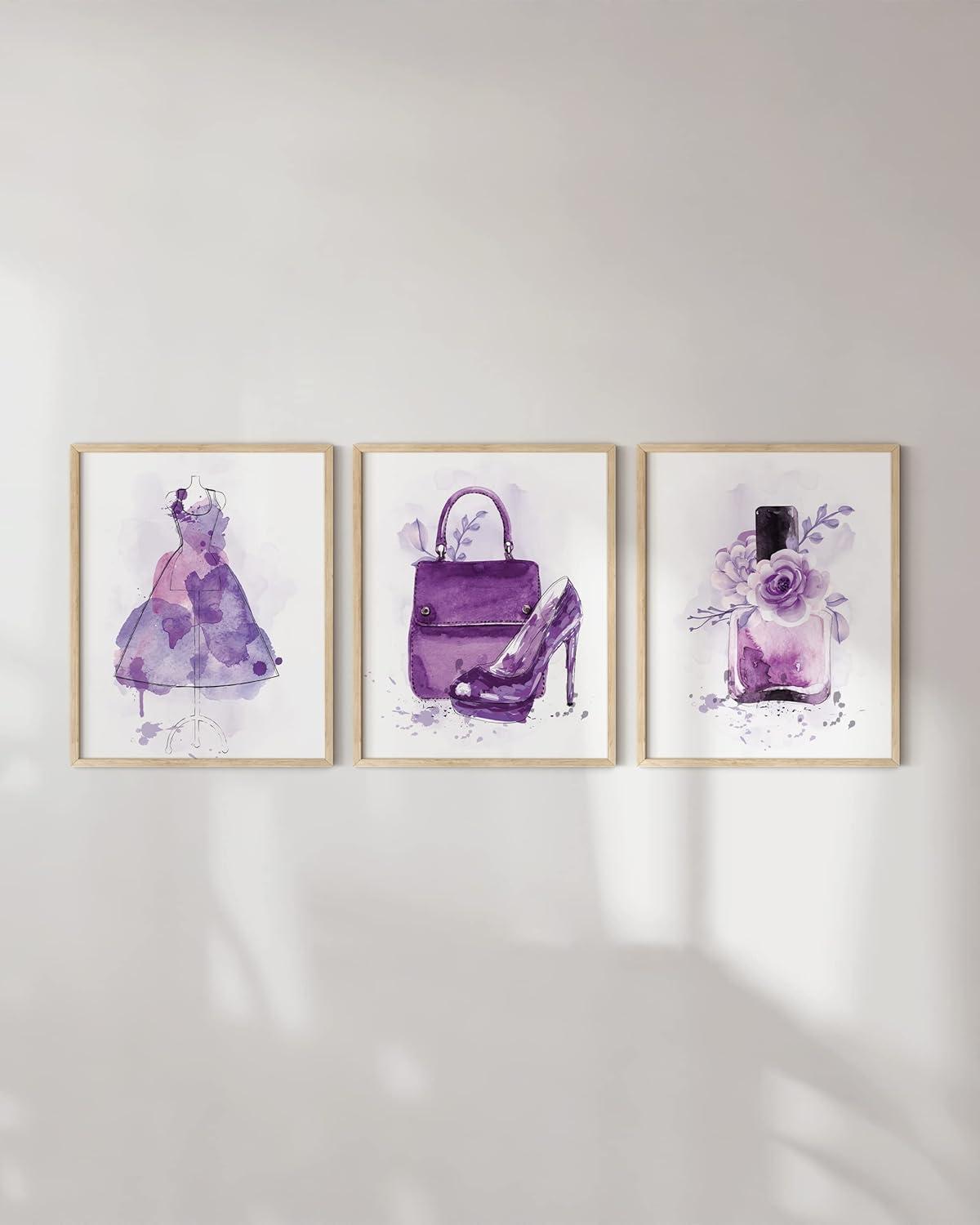 imageHAUS AND HUES Boho Wall Art  Set of 3 Tropical Prints Chic Boho Decor FemaleInspired Artwork Unframed 8x10Purple Glam Watercolor