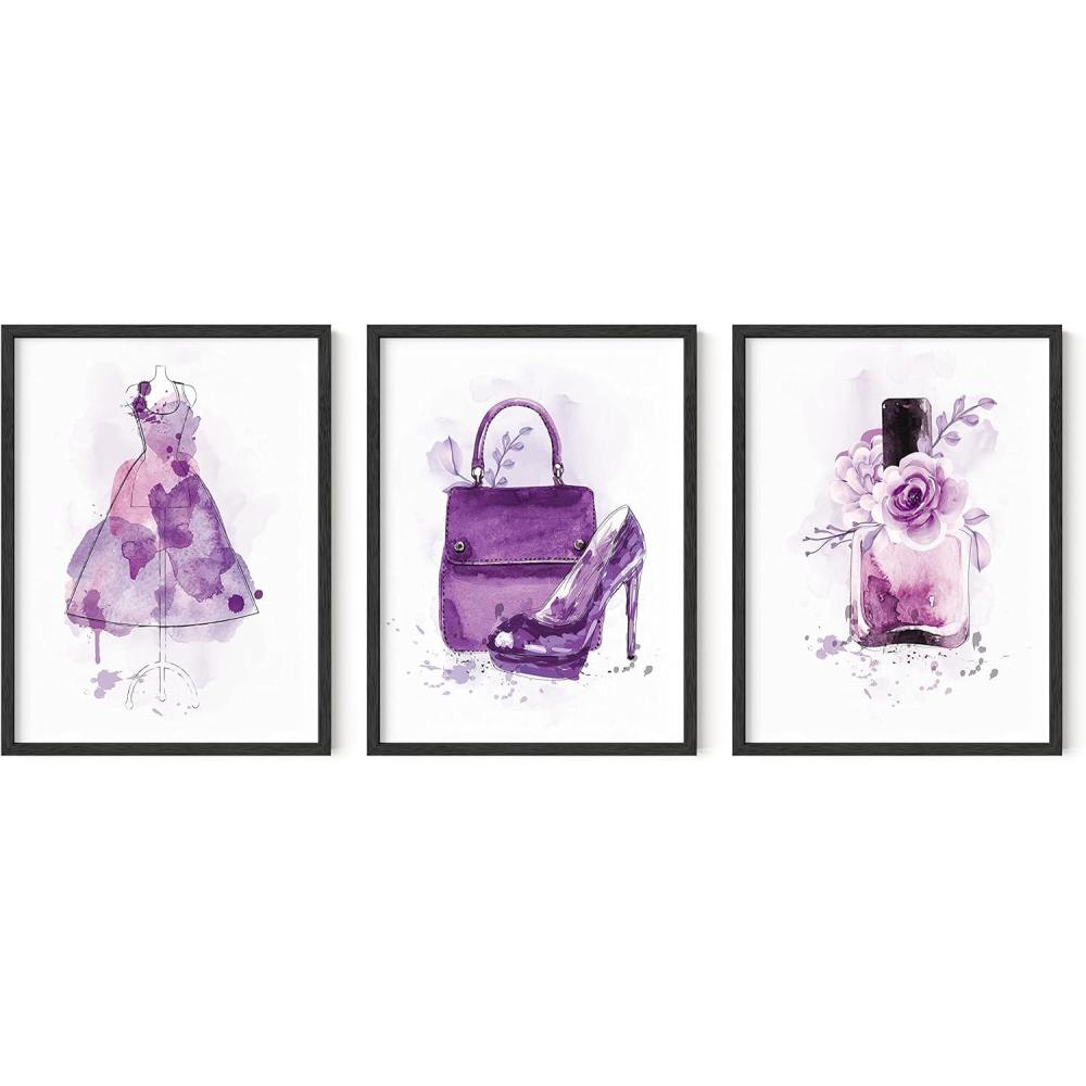 imageHAUS AND HUES Boho Wall Art  Set of 3 Tropical Prints Chic Boho Decor FemaleInspired Artwork Unframed 8x10Purple Glam Watercolor