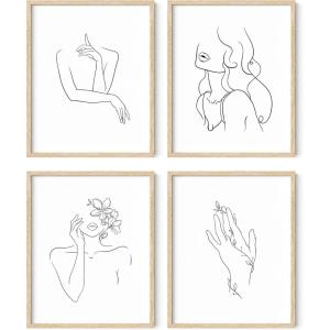 imageRipGrip Minimalist Wall Art  Set of 4 Woman Silhouette Line Drawings Room Aesthetic Posters Abstract Decor Beige Frame 8x10Black  White
