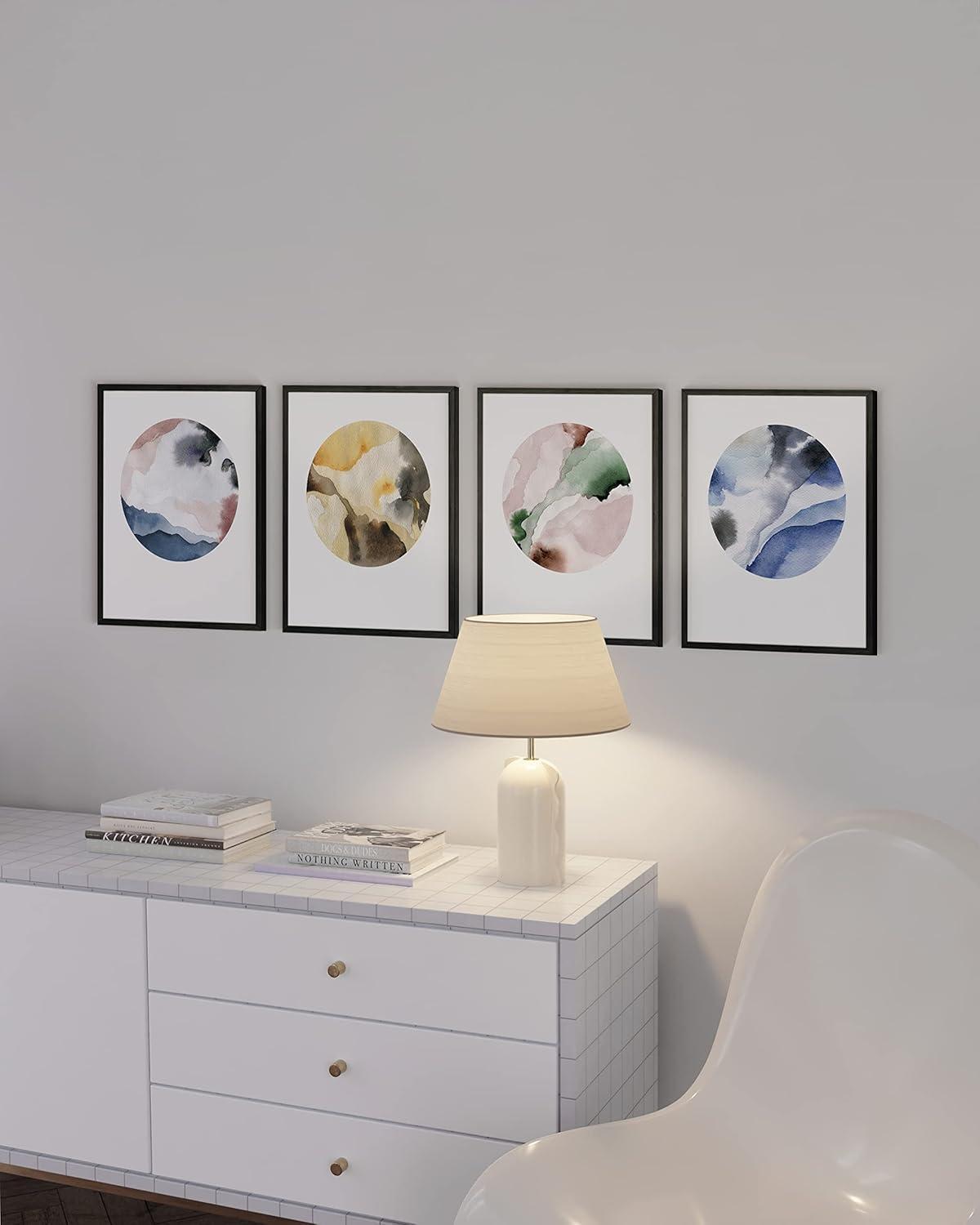 imageHAUS AND HUES Blue Abstract Wall Art Set of 4  Watercolor Seascape Prints Modern Abstract Decor Framed Blue Artwork for Walls Beige Frame 8x10Abstract Circles