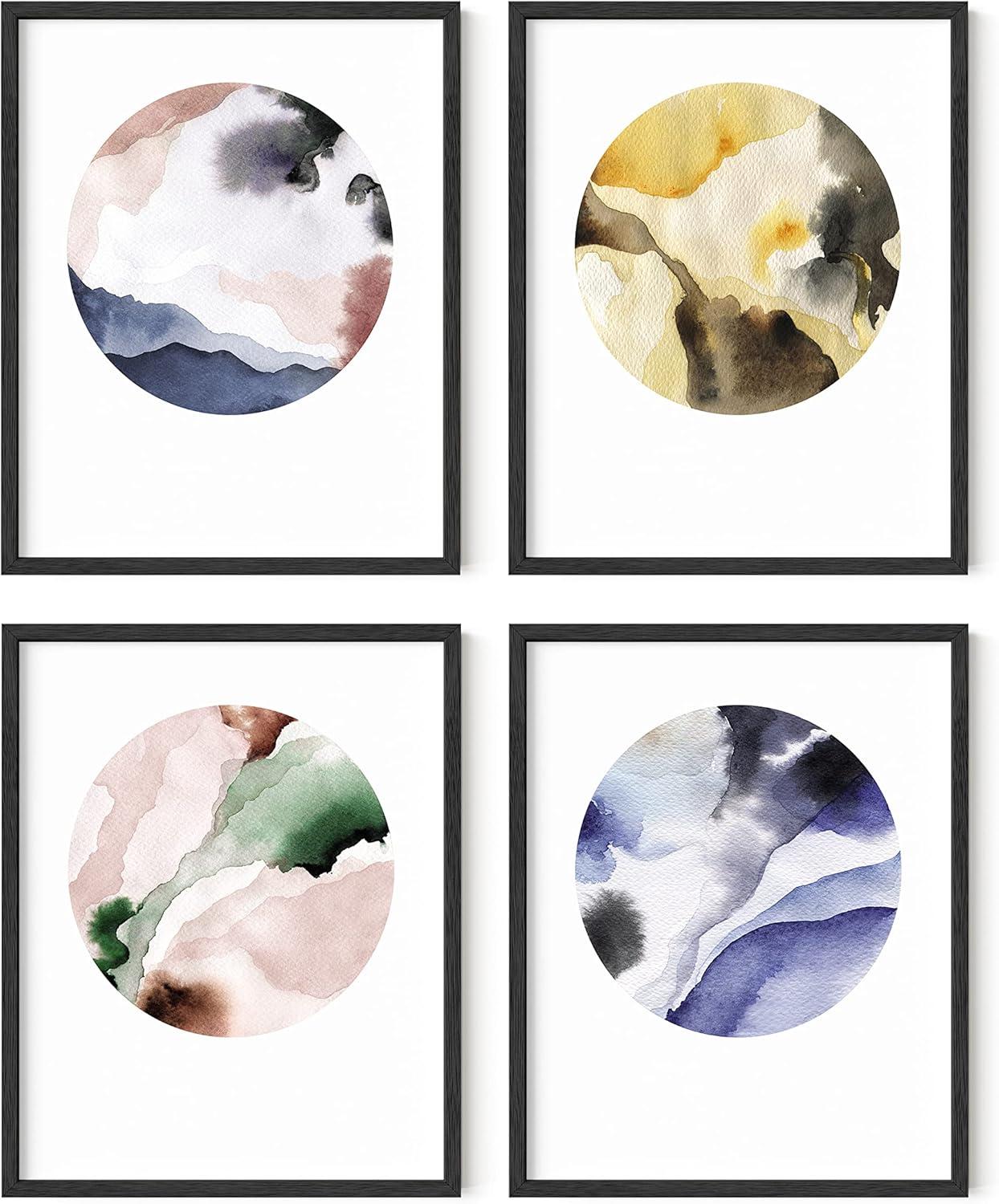 imageHAUS AND HUES Blue Abstract Wall Art Set of 4  Watercolor Seascape Prints Modern Abstract Decor Framed Blue Artwork for Walls Beige Frame 8x10Abstract Circles