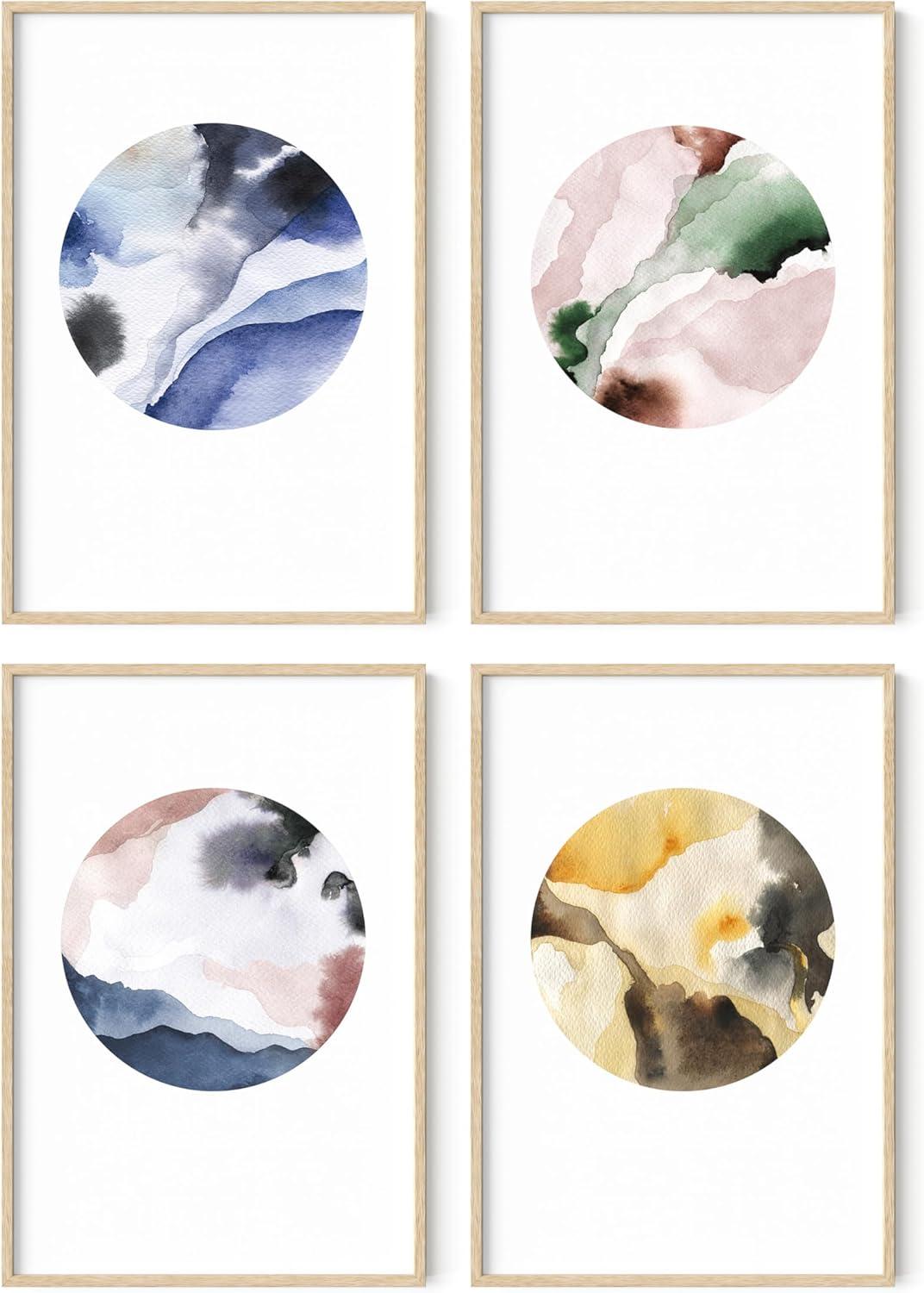 imageHAUS AND HUES Blue Abstract Wall Art Set of 4  Watercolor Seascape Prints Modern Abstract Decor Framed Blue Artwork for Walls Beige Frame 8x10Abstract Circles