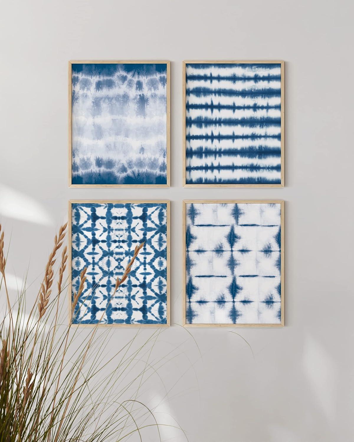 imageHAUS AND HUES Blue Abstract Wall Art Set of 4  Watercolor Seascape Prints Modern Abstract Decor Framed Blue Artwork for Walls Beige Frame 8x10Blue Tie Dye