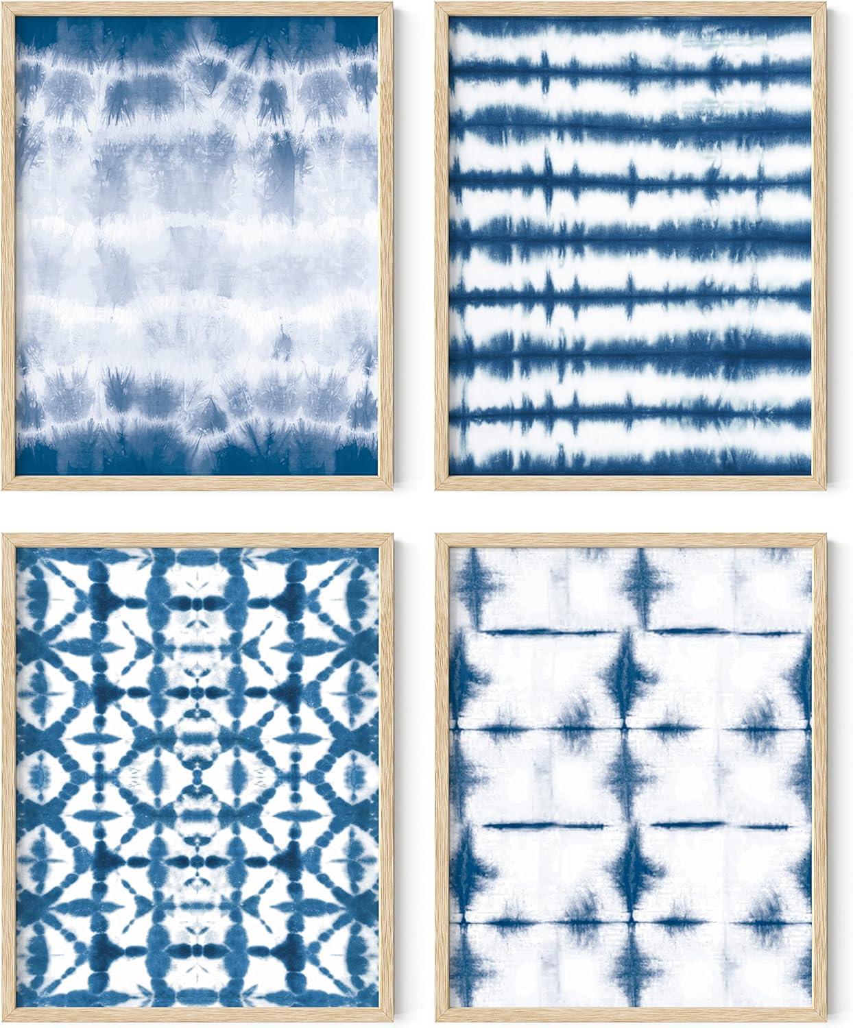 imageHAUS AND HUES Blue Abstract Wall Art Set of 4  Watercolor Seascape Prints Modern Abstract Decor Framed Blue Artwork for Walls Beige Frame 8x10Blue Tie Dye