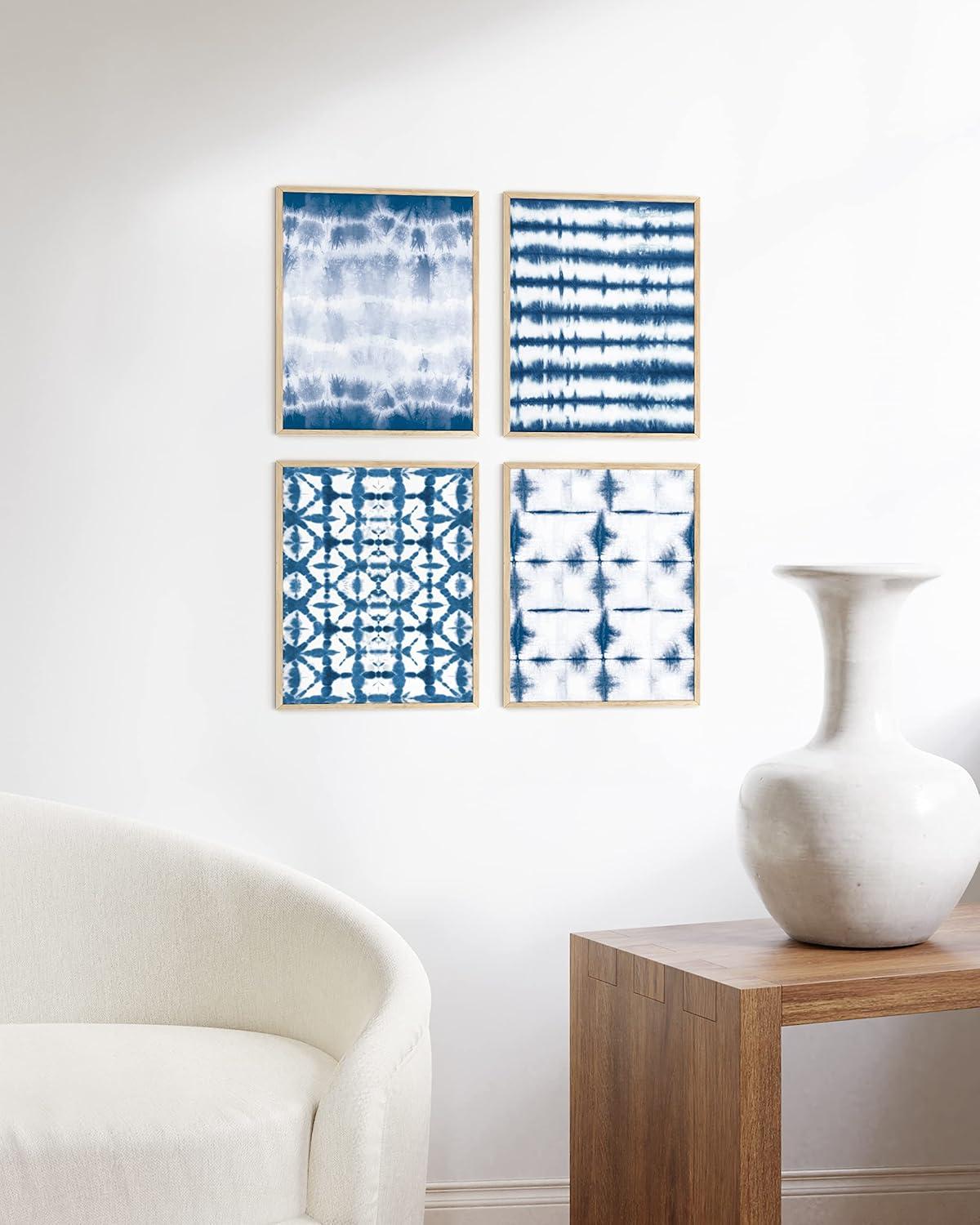 imageHAUS AND HUES Blue Abstract Wall Art Set of 4  Watercolor Seascape Prints Modern Abstract Decor Framed Blue Artwork for Walls Beige Frame 8x10Blue Tie Dye
