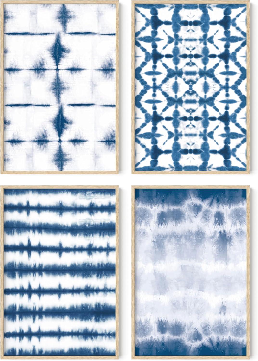 imageHAUS AND HUES Blue Abstract Wall Art Set of 4  Watercolor Seascape Prints Modern Abstract Decor Framed Blue Artwork for Walls Beige Frame 8x10Blue Tie Dye