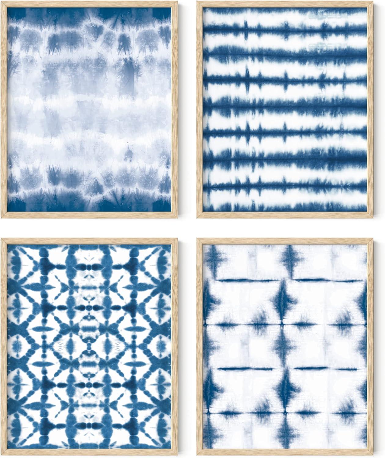 imageHAUS AND HUES Blue Abstract Wall Art Set of 4  Watercolor Seascape Prints Modern Abstract Decor Framed Blue Artwork for Walls Beige Frame 8x10Blue Tie Dye