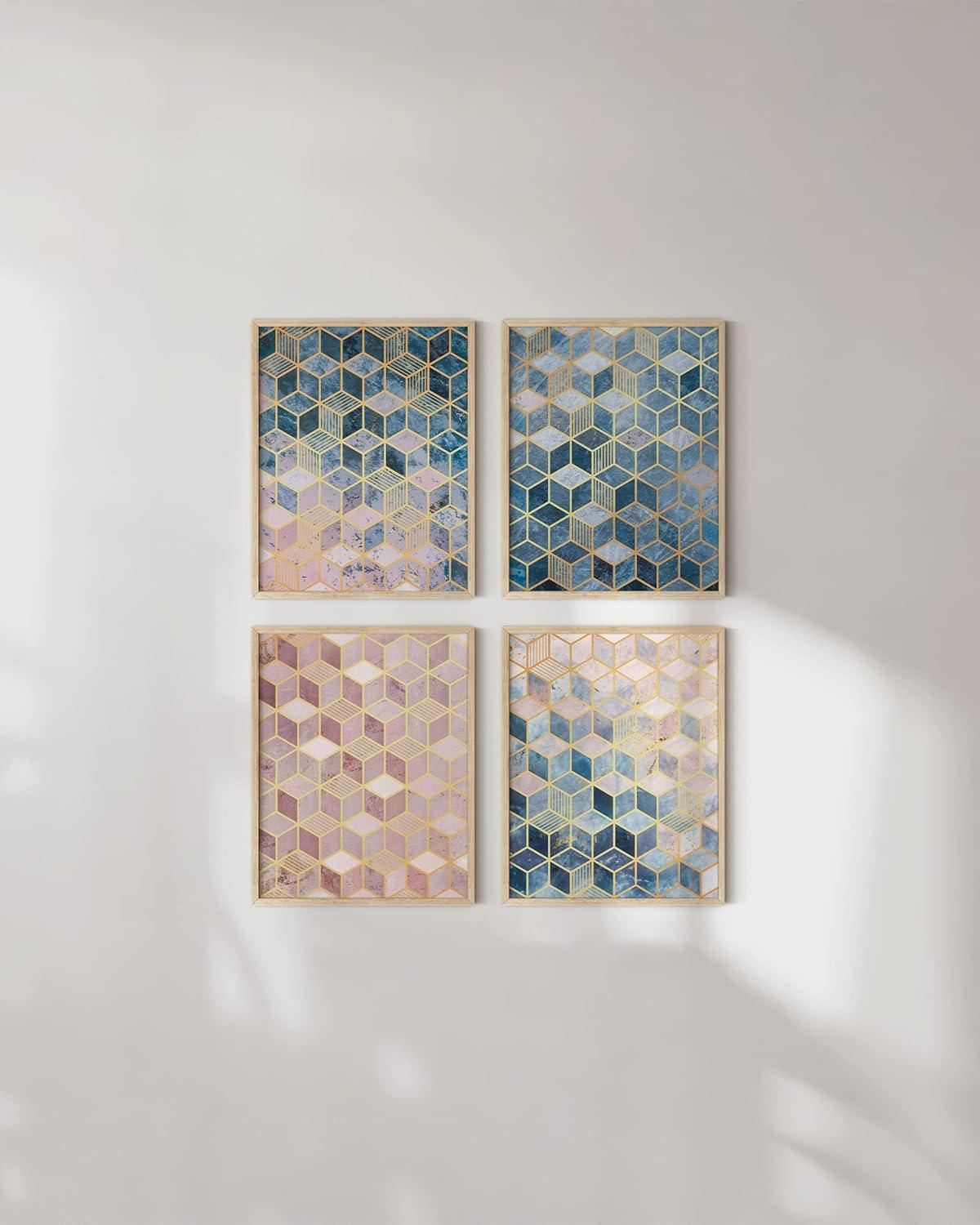 imageHAUS AND HUES Blue Abstract Wall Art Set of 4  Watercolor Seascape Prints Modern Abstract Decor Framed Blue Artwork for Walls Beige Frame 8x10Geometric