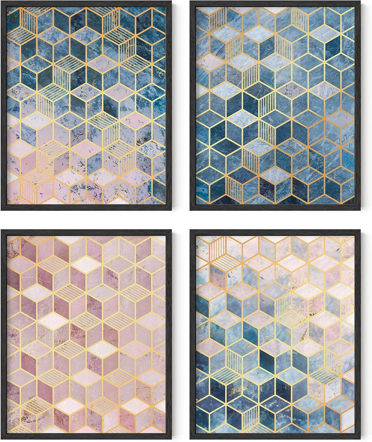 imageHAUS AND HUES Blue Abstract Wall Art Set of 4  Watercolor Seascape Prints Modern Abstract Decor Framed Blue Artwork for Walls Beige Frame 8x10Geometric