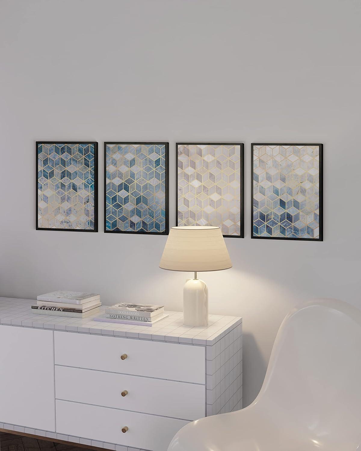 imageHAUS AND HUES Blue Abstract Wall Art Set of 4  Watercolor Seascape Prints Modern Abstract Decor Framed Blue Artwork for Walls Beige Frame 8x10Geometric