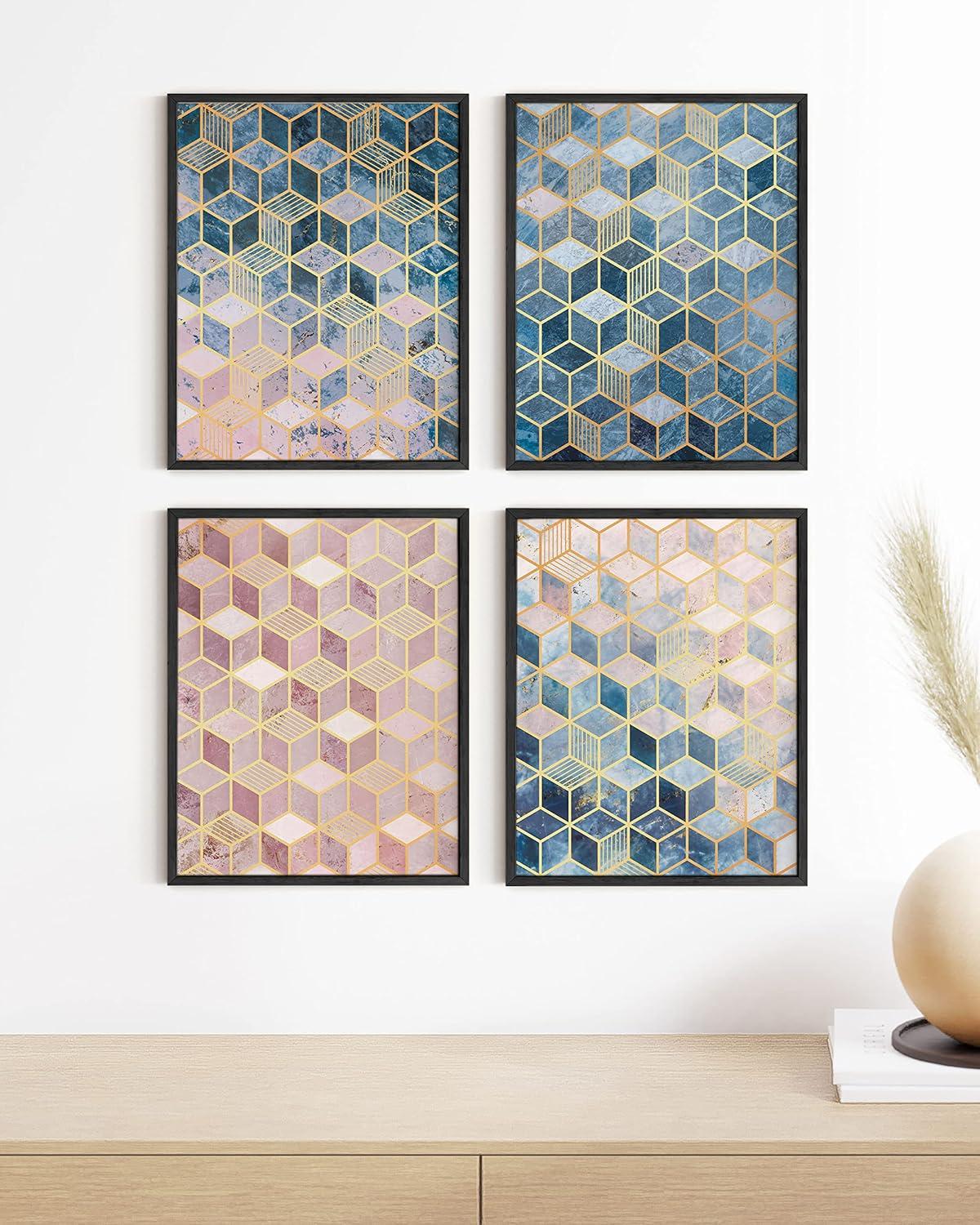 imageHAUS AND HUES Blue Abstract Wall Art Set of 4  Watercolor Seascape Prints Modern Abstract Decor Framed Blue Artwork for Walls Beige Frame 8x10Geometric