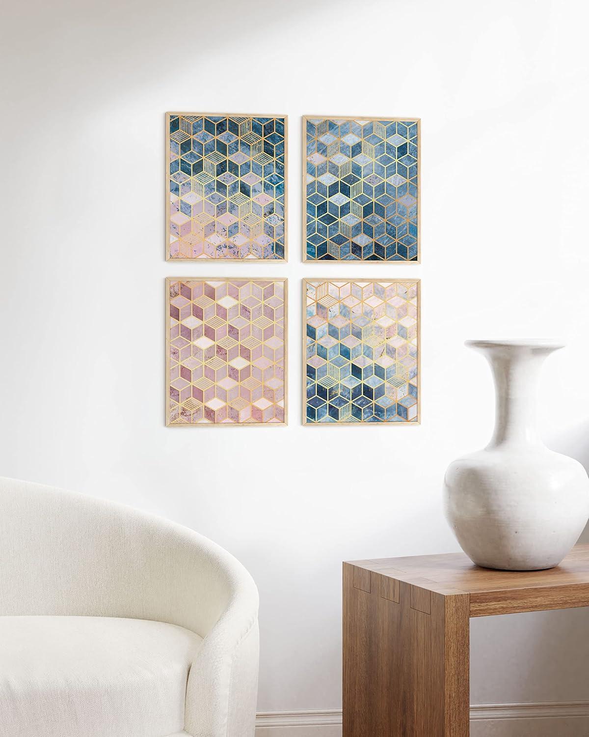 imageHAUS AND HUES Blue Abstract Wall Art Set of 4  Watercolor Seascape Prints Modern Abstract Decor Framed Blue Artwork for Walls Beige Frame 8x10Geometric