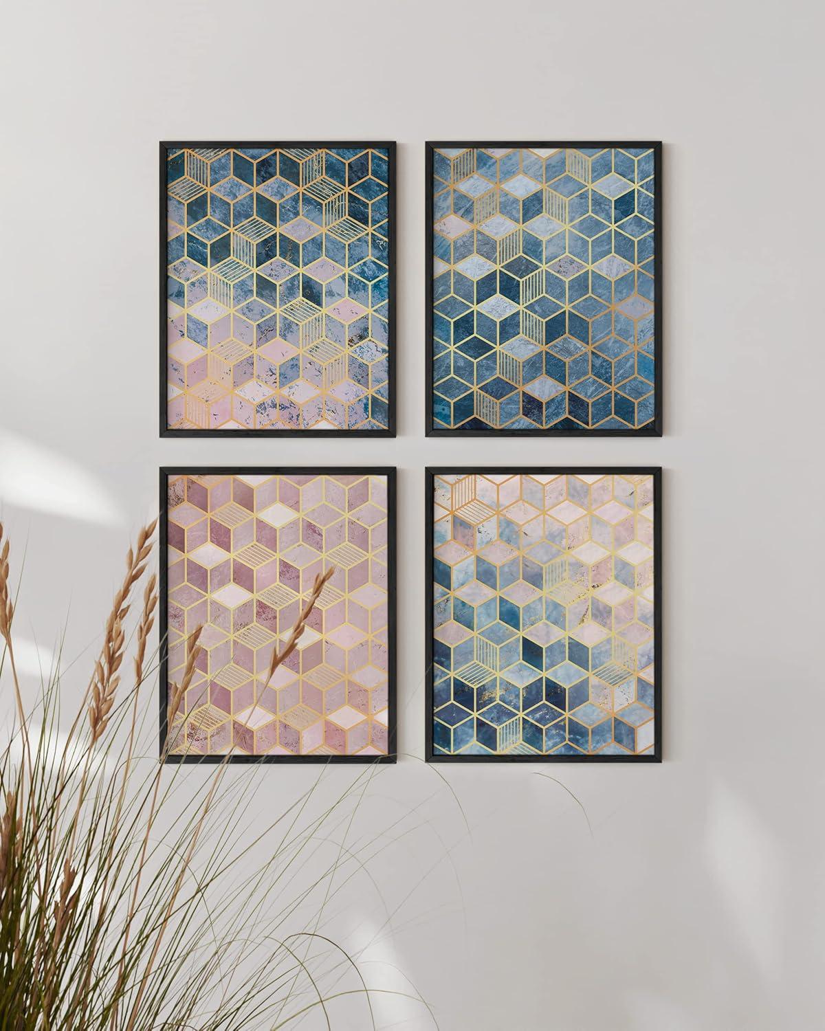 imageHAUS AND HUES Blue Abstract Wall Art Set of 4  Watercolor Seascape Prints Modern Abstract Decor Framed Blue Artwork for Walls Beige Frame 8x10Geometric