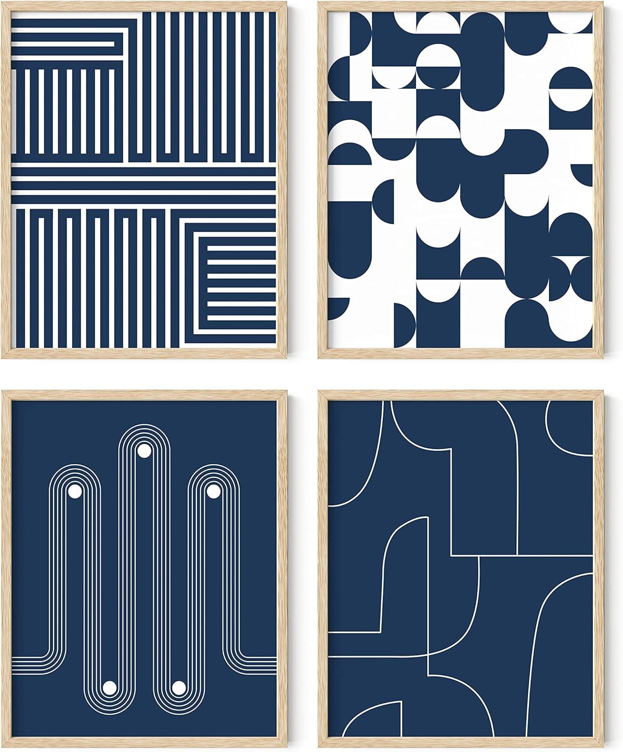 imageHAUS AND HUES Blue Abstract Wall Art Set of 4  Watercolor Seascape Prints Modern Abstract Decor Framed Blue Artwork for Walls Beige Frame 8x10Navy Geometric Shapes